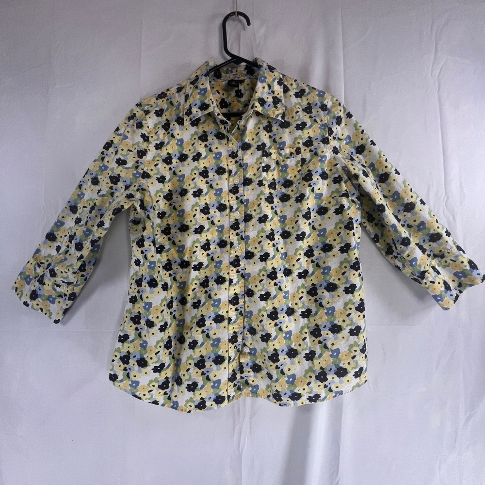 IZOD Womens Floral Button Down Shirt Yellow Blue Cotton 3/4 Sleeve Size L
